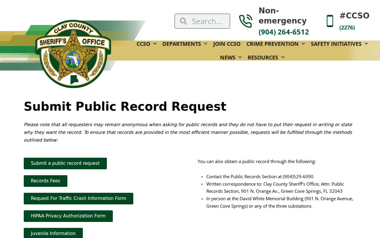 Clay County criminal history sheriff public records request