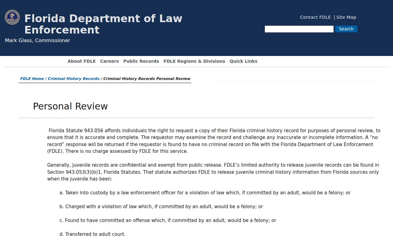 Clay County criminal history FDLE personal review instructions