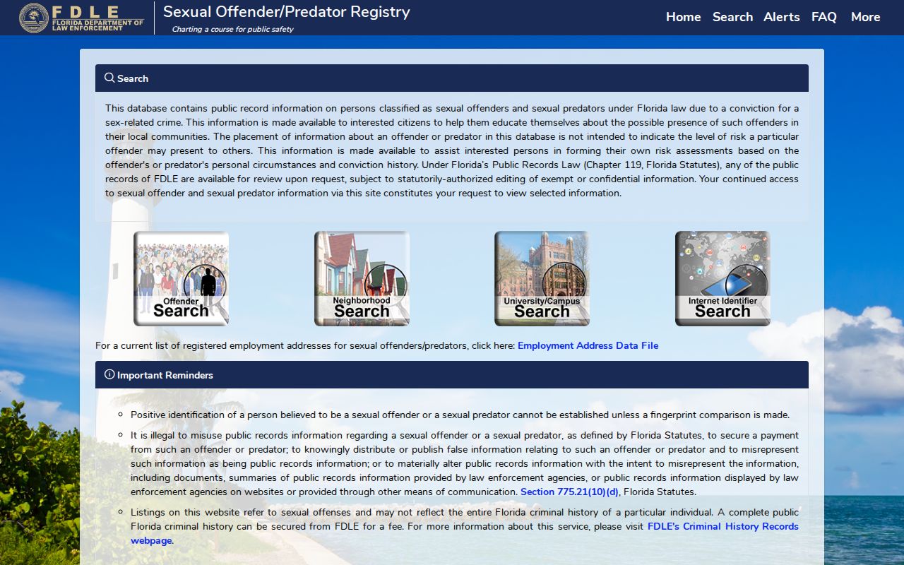 Clay County sex offender search modes in the FDLE registry