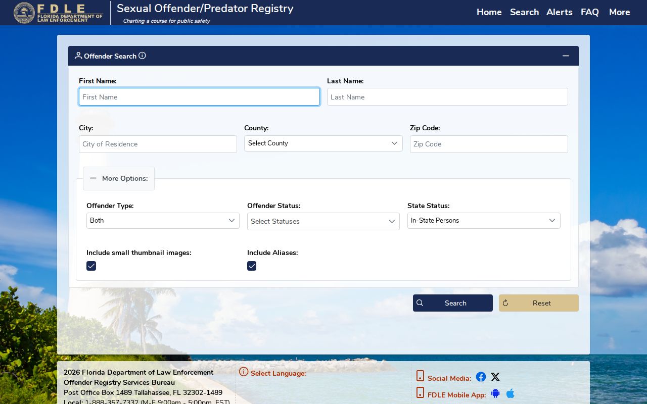 Clay County sex offender search form fields